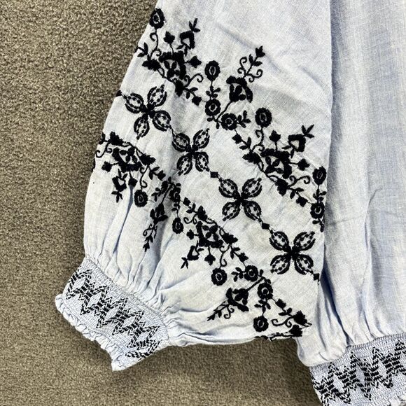 Gap Top women Medium Blue Puff Sleeves boat neck Floral embroidered Crop Blouse - Picture 4 of 14